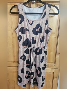 Sleeveless Tan Leopard Print Drawstring Waist Dress
